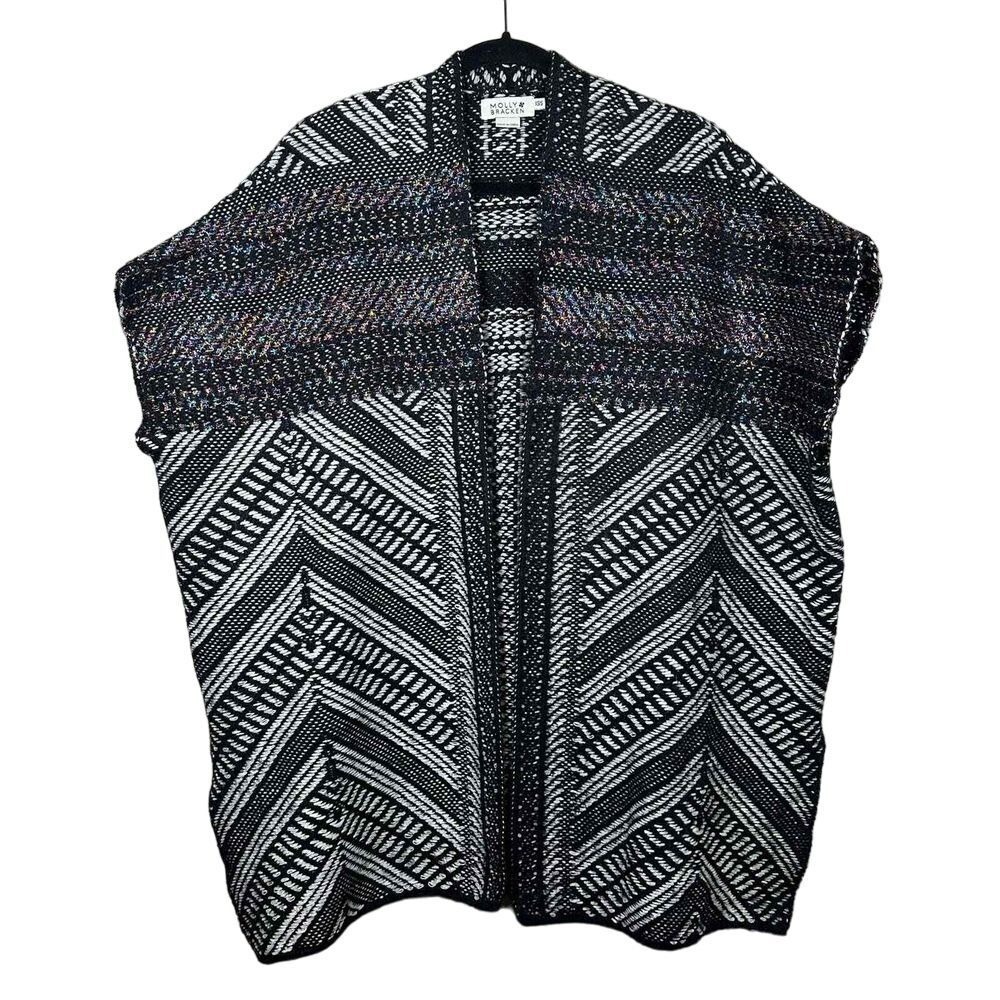 Molly Bracken XS/S Cardigan Black White Cap Sleeve Metallic Chevron Open Front
